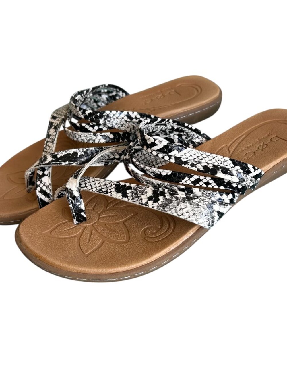 b.o.c. Born Concept Alisha Toe-Loop Sandals Black White Faux Snakeskin Size 8